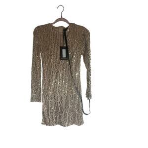 PrettyLittleThing Women's Gold Sequin Mini Dress UK 8 Long Sleeve Party Outfit